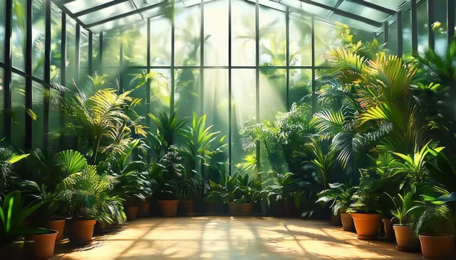 Lush tropical plants fill a serene greenhouse, illuminated by soft light filtering through the glass structure.