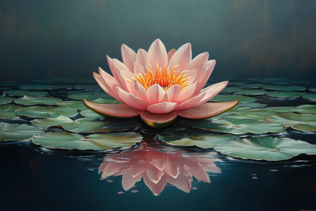 Pink lotus flower floating on still water with lily pads and mirror-like reflection with Pond Nature Scenes