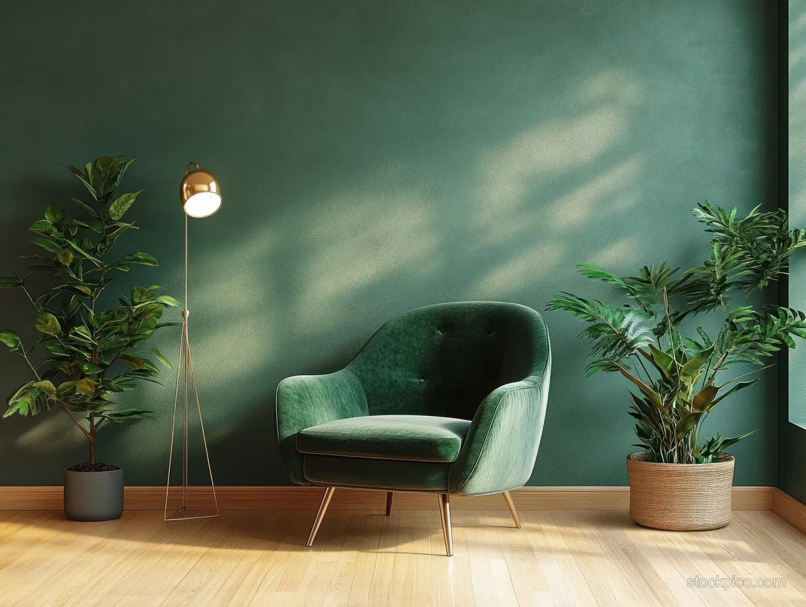 A green velvet armchair in a Scandinavian living room with potted plants, warm pendant lights, and a dark green wall.