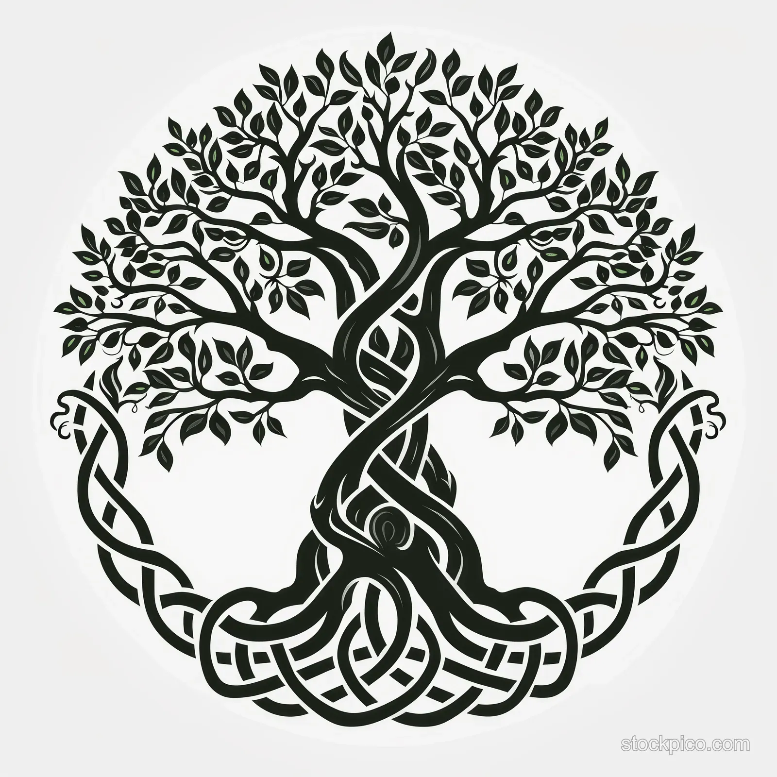 A monochrome Celtic Tree of Life illustration with intertwined trunks and symmetrical leafy branches beneath a knotwork base.