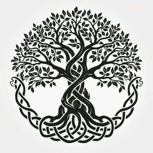 Celtic Tree of Life with intertwined roots and symmetrical knotwork branches in black ink