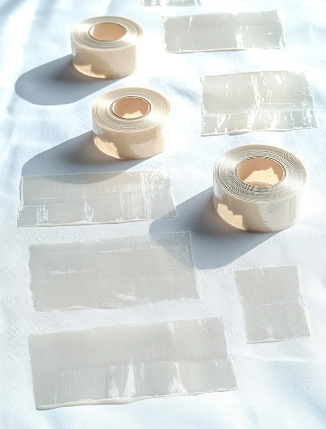 Three translucent tape rolls and peeled rectangular tape pieces arranged on a white surface with strong shadows.