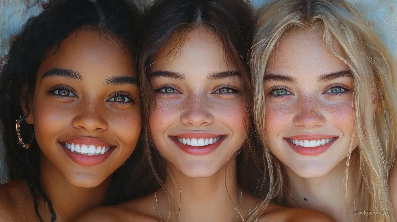 Four diverse young women smile closely together in soft studio lighting.