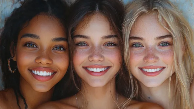 Four diverse young women smile closely together in soft studio lighting.