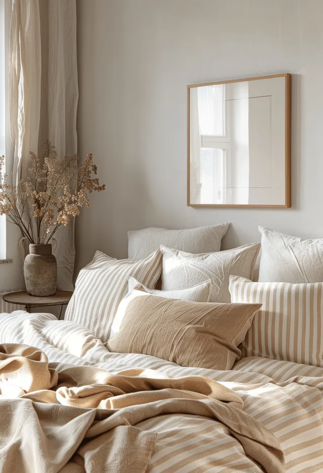 Minimalist bedroom with beige striped linen bedding, white pillows, a framed window, and warm daylight on the floor.