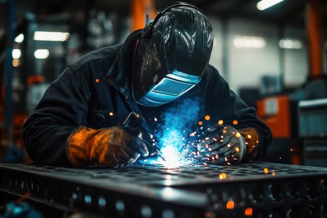 Worker Welding Metal Plates in Industrial Workshop with Flying Sparks