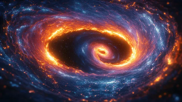 Orange and blue stars swirl around a dark central black hole in a spiral galaxy, glowing with cosmic energy.