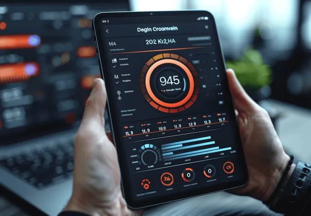 Hands holding a tablet showing network security loading bar over blurred data center screens