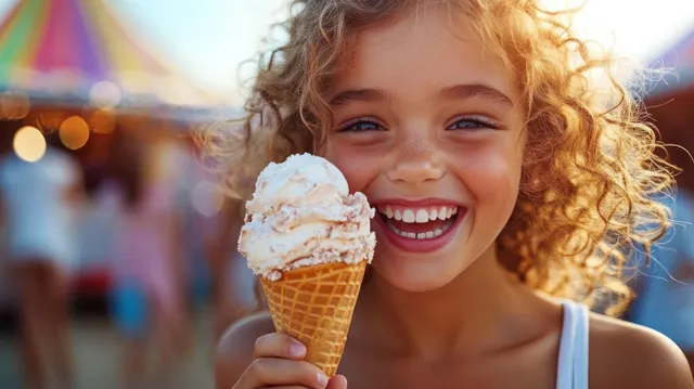 A curly-haired girl smiles while holding a large waffle ice cream cone at an outdoor carnival.