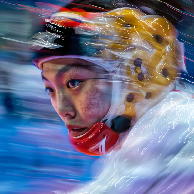 A North Korean female taekwondo athlete performs a spinning kick during competition with intense motion blur.