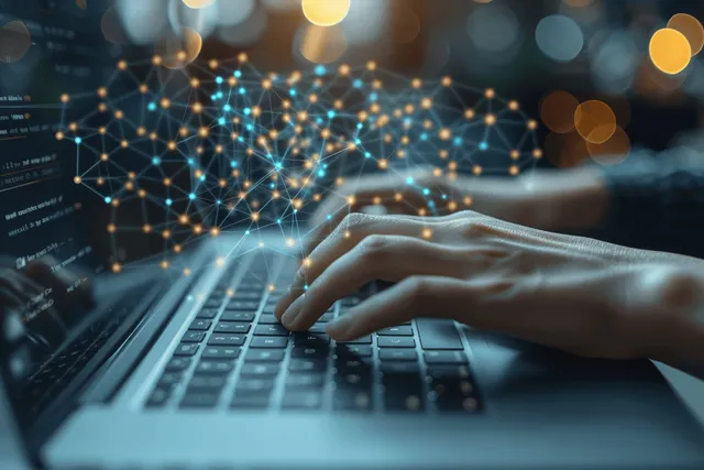 A hand types on a laptop keyboard with glowing network flow diagram lines overlaid on the display.