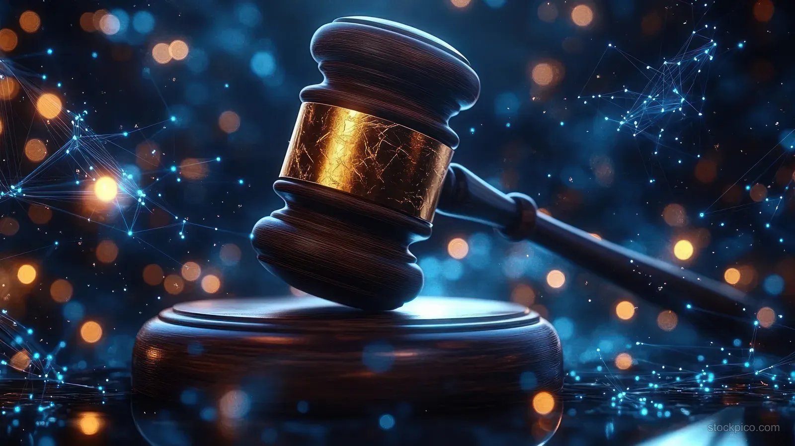 Close-up of a gold-banded wooden judge gavel resting on a sound block with glowing blue and orange bokeh lights behind it.