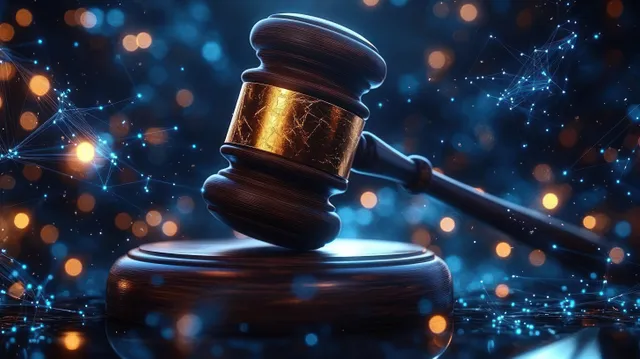Close-up of a gold-banded wooden judge gavel resting on a sound block with glowing blue and orange bokeh lights behind it.