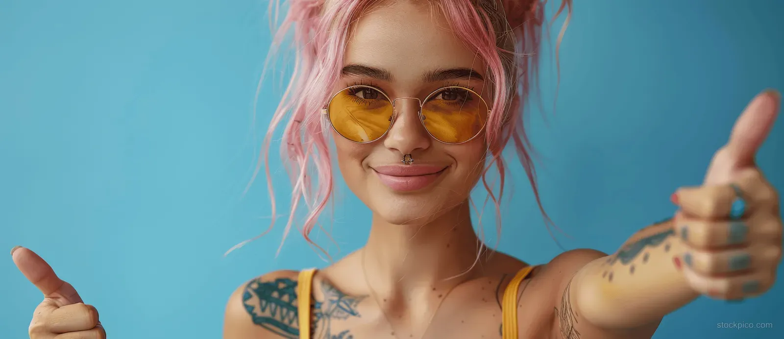 Punk woman with pink hair and tattoos gives thumbs up in yellow sunglasses against a blue background with space for text.