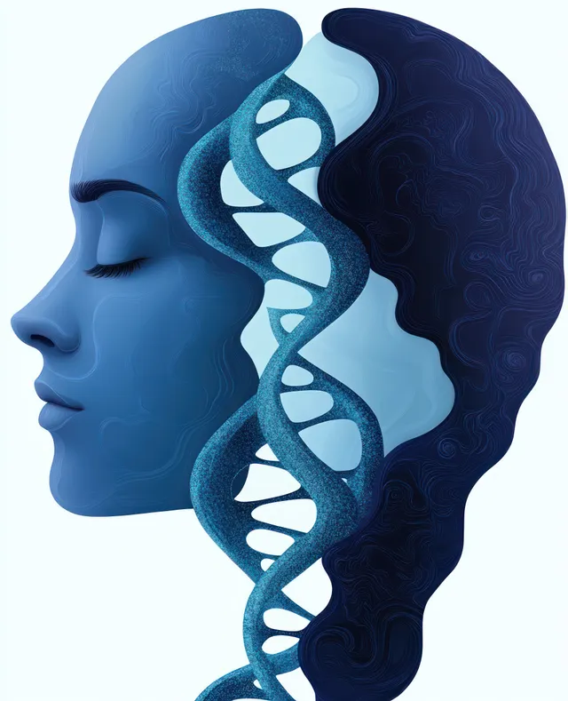 Abstract left-facing human profile with closed eyes merges into a darker profile via a blue DNA double helix.
