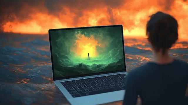 Back view person watching a laptop screen showing a glowing green mist tunnel with a walking silhouette.