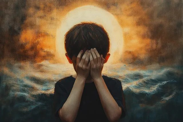 A young boy covers his face with both hands while standing by dark ocean waves at sunset.