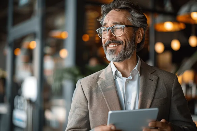 Smiling middle-aged executive using tablet at office coffee shop, warm bokeh lights