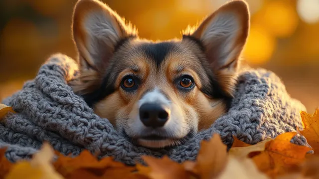 Cozy puppy dog snuggled in a gray blanket among autumn leaves in golden hour light