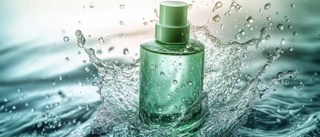 Green cosmetic spray bottle splashes into blue water, creating droplets and ripples across the surface.