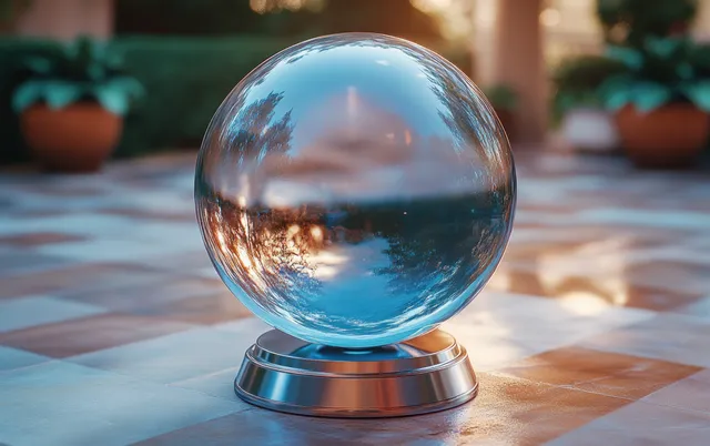 Transparent glass snow globe sphere on a metallic base with bright reflections and soft blue highlights.