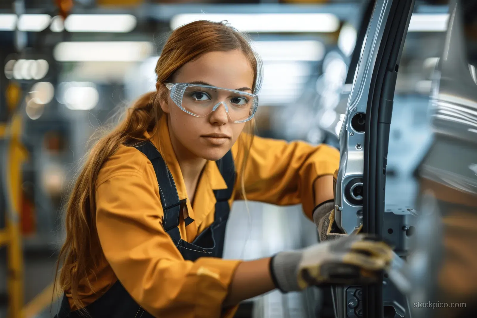 A focused female technician fits a car door in a bright automotive factory production line wearing safety glasses and gloves.