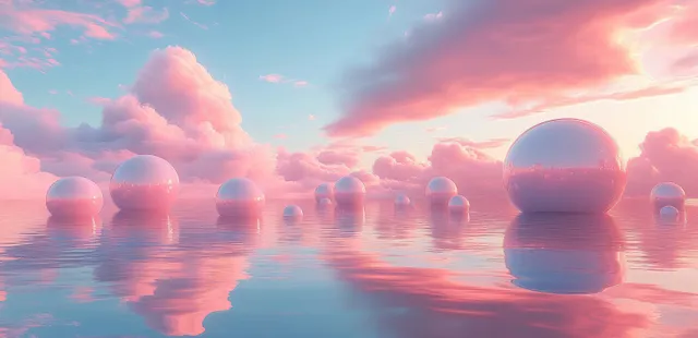 Glossy pink spheres float on calm reflective water beneath a golden-hour sky with pastel clouds.