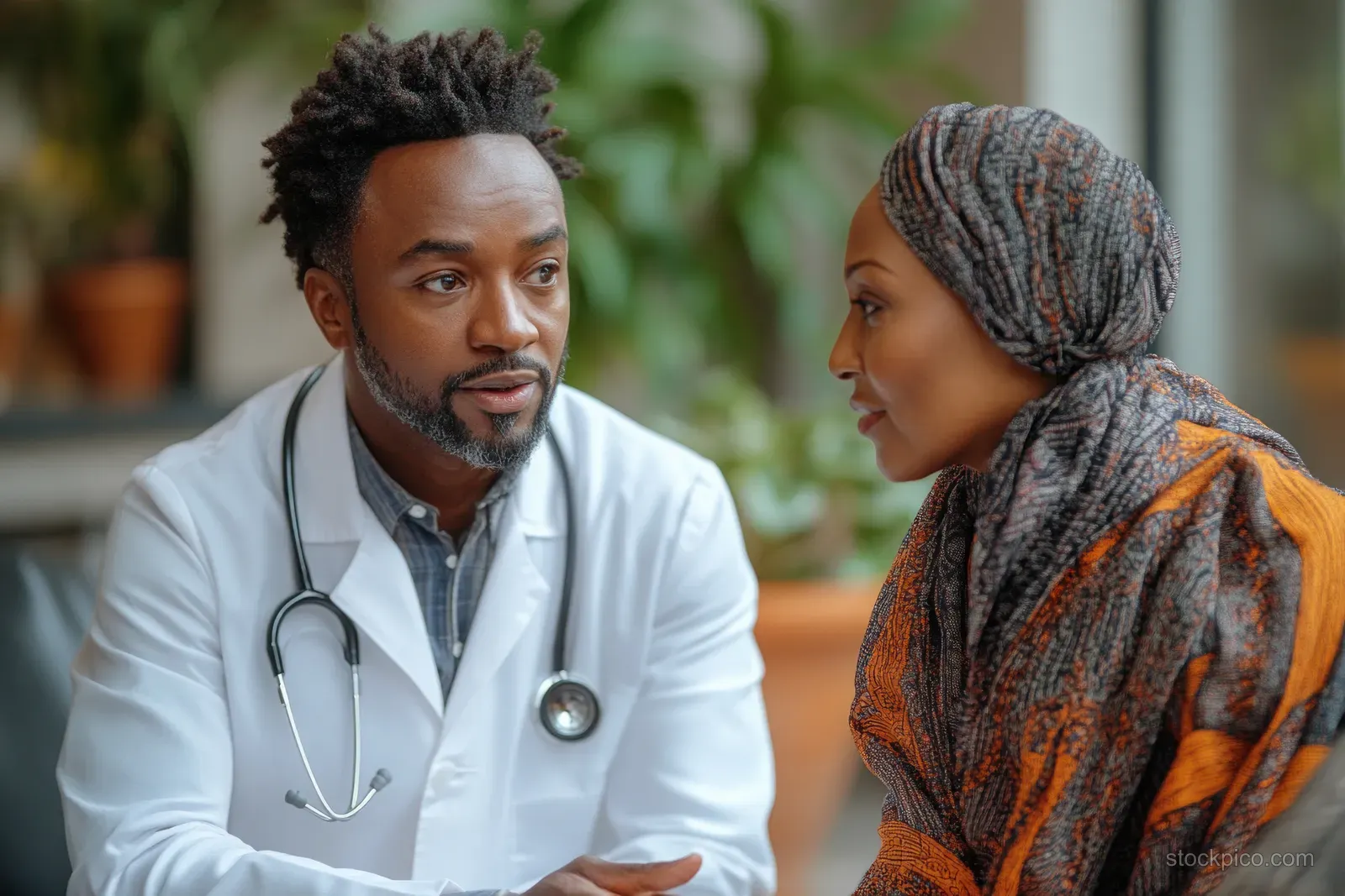 A doctor in a clinic consults with a patient while discussing health concerns.