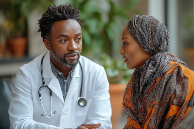 A doctor in a clinic consults with a patient while discussing health concerns.
