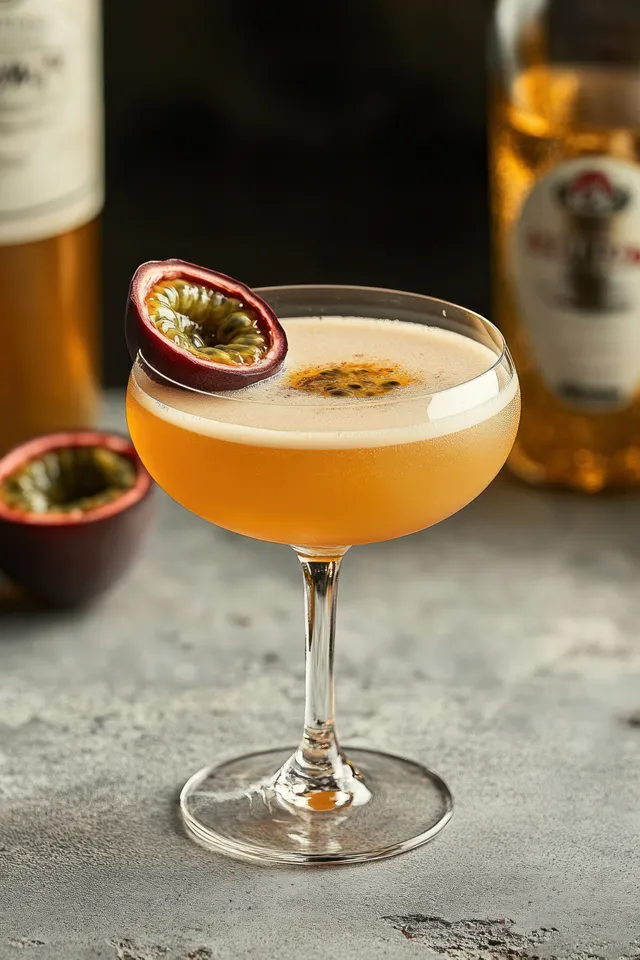 Passion fruit cocktail in a coupe glass with frothy top on rustic stone surface