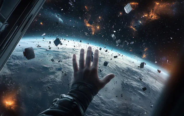 Gloved astronaut hand reaches toward space debris orbiting Earth with fragments and glowing light streaks in view.