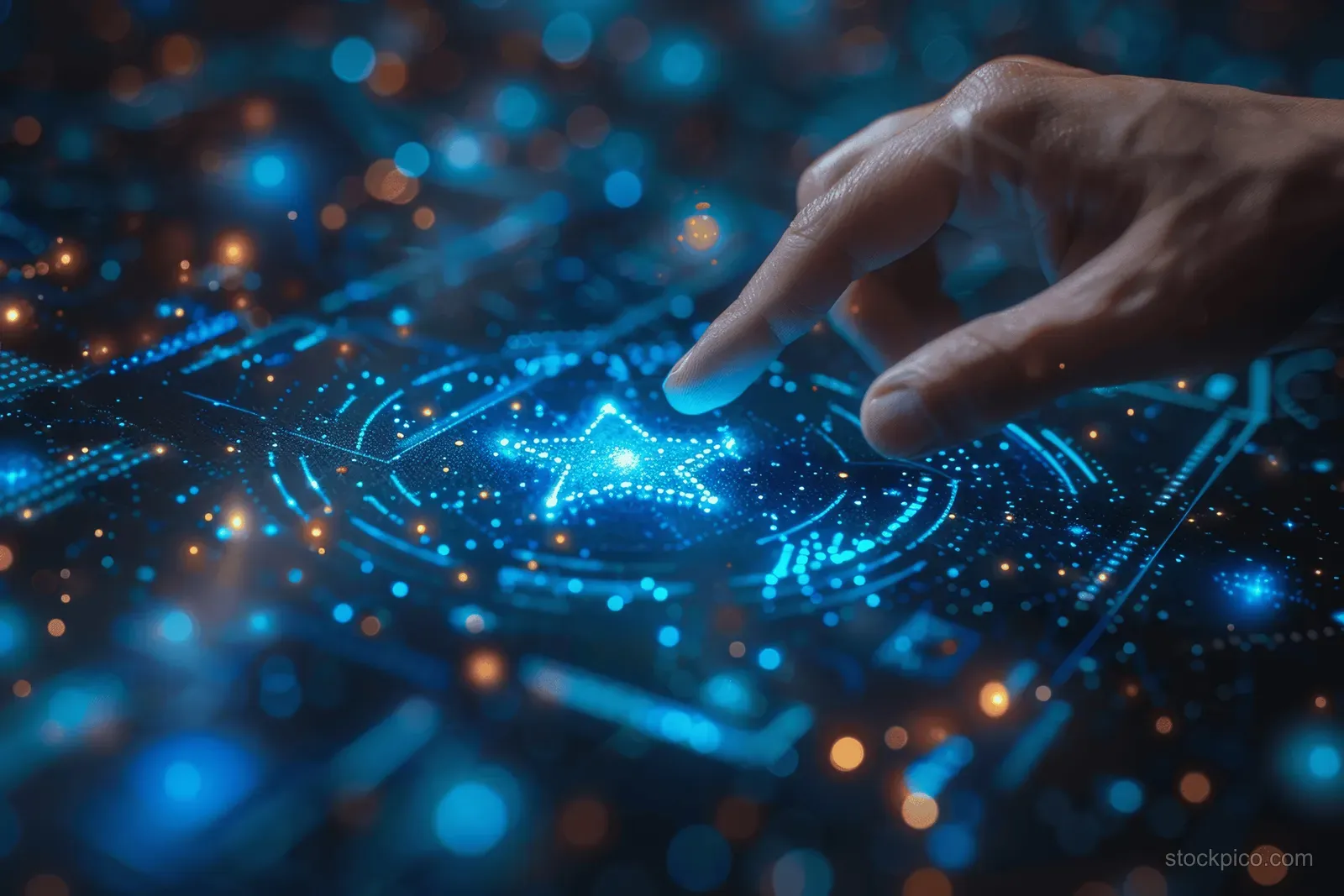A hand hovers over a glowing star rating panel on a digital customer feedback dashboard.