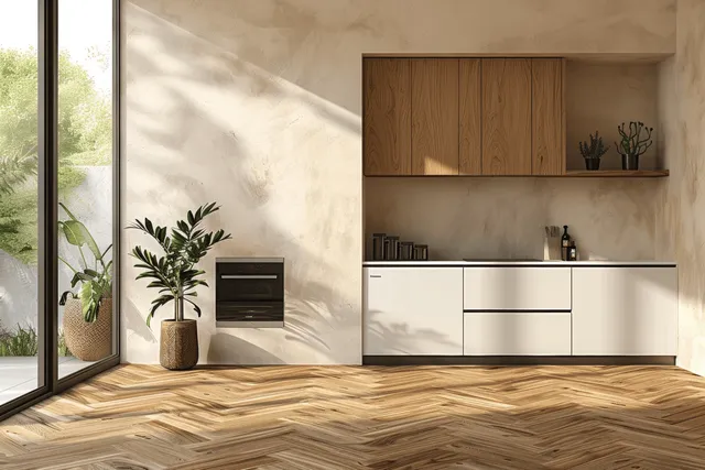 Minimalist kitchen interior with wooden cabinetry, plants, and sunlit window rays