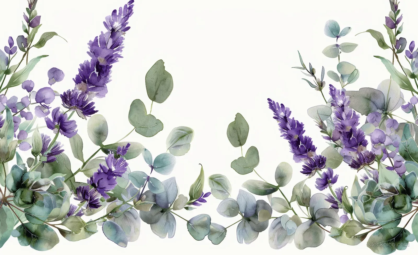 Watercolor lavender sprigs and eucalyptus leaves form a floral border wreath on a clean white background.