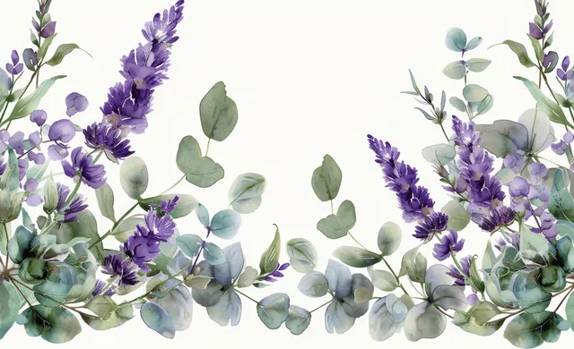 Watercolor lavender sprigs and eucalyptus leaves form a floral border wreath on a clean white background.