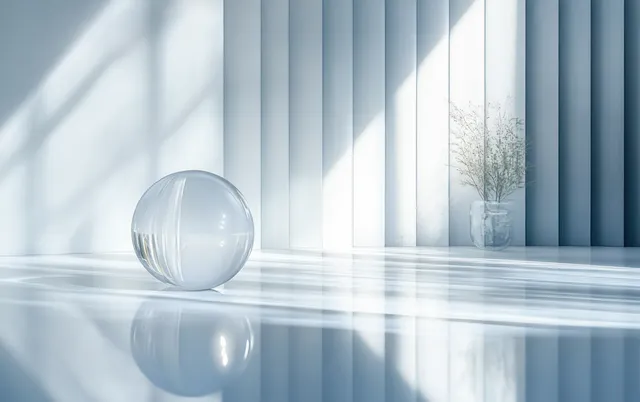 Translucent sphere on reflective floor in minimalist interior with sunlit window shadows