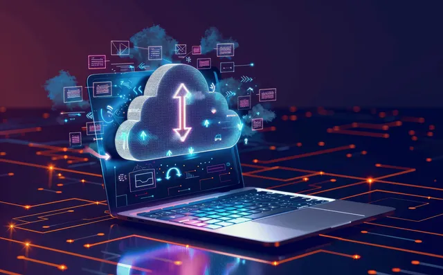 Glowing cloud with upload arrows above an open laptop, surrounded by floating file icons and network lines.