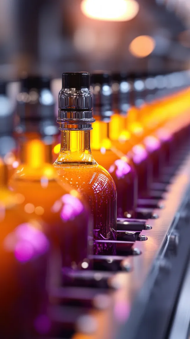 Amber bottles with black caps move along an industrial conveyor under warm factory lighting reflections.
