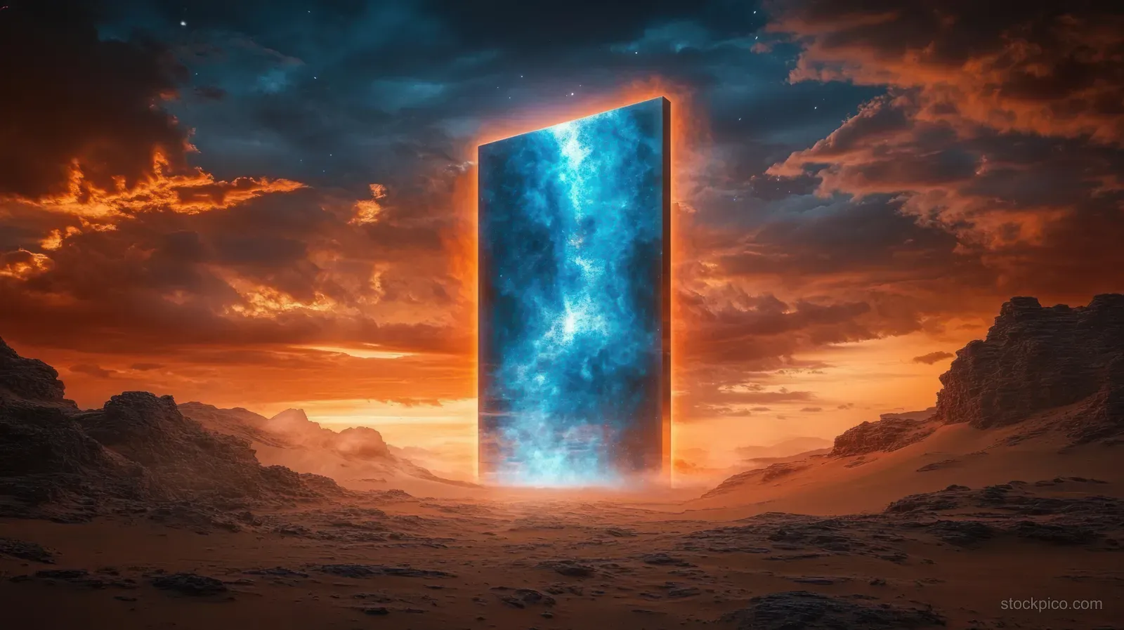 A glowing blue monolith stands in a desert landscape under a dramatic sunset sky.