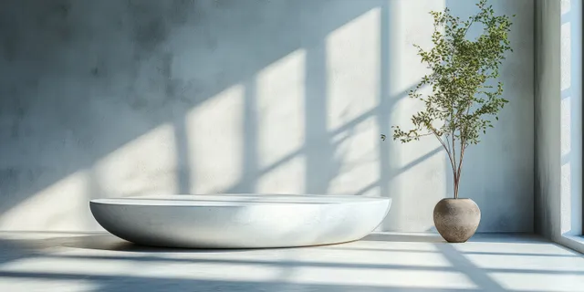 Minimal white ceramic basin on podium in sunlit Scandinavian room with soft shadows