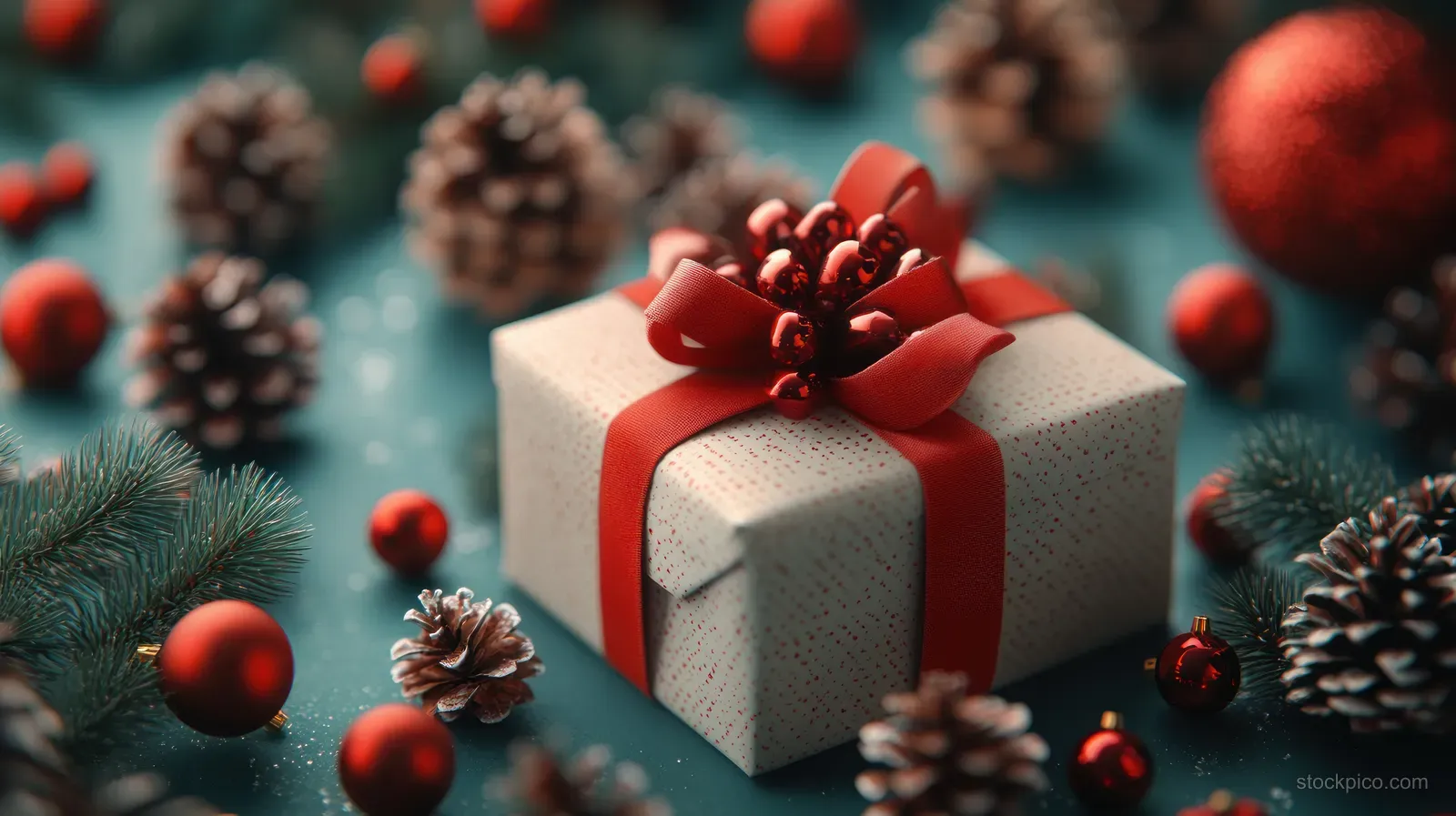 A wrapped Christmas gift box with red ribbon rests among pinecones and red ornaments on a pastel blue background.