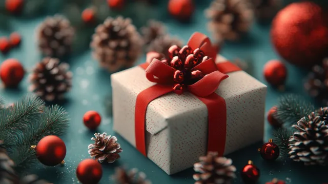 Red ribbon Christmas gift box with ornaments and pinecones on pastel blue background