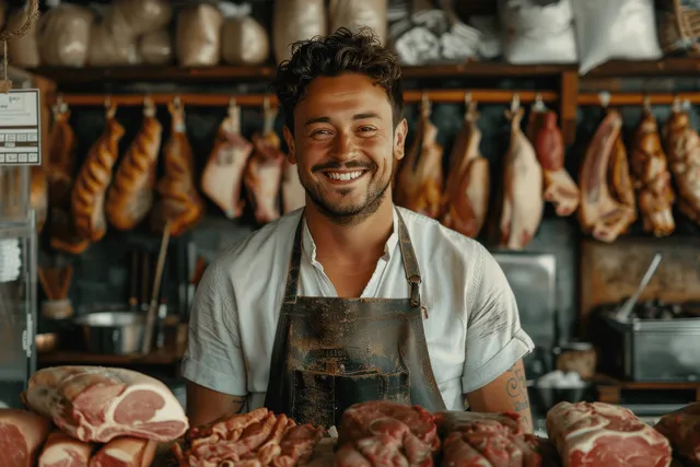 A smiling butcher in an apron stands behind a counter with raw meat while sausages hang behind him.