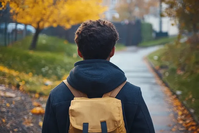 Person with a tan backpack walking along a paved path beside yellow autumn trees.