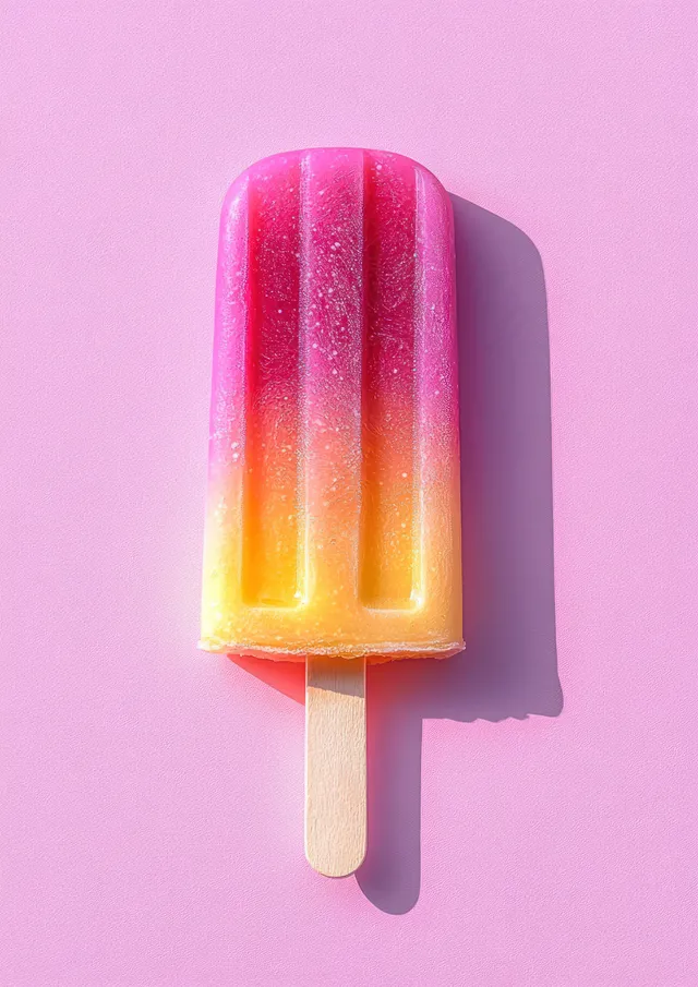 Layered pink and yellow popsicle on a pink background with a soft cast shadow.
