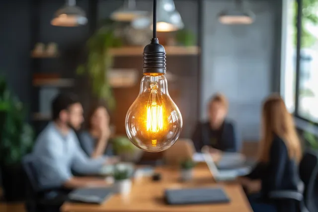 Glowing light bulb hangs above meeting table as diverse team brainstorms in office