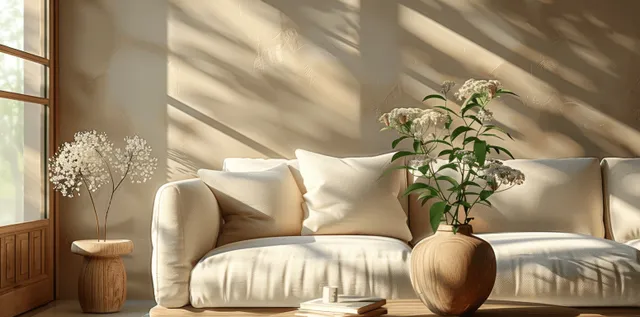 Cream sofa and beige walls with a wooden coffee table, potted plant, and sunlight streaming through a window.