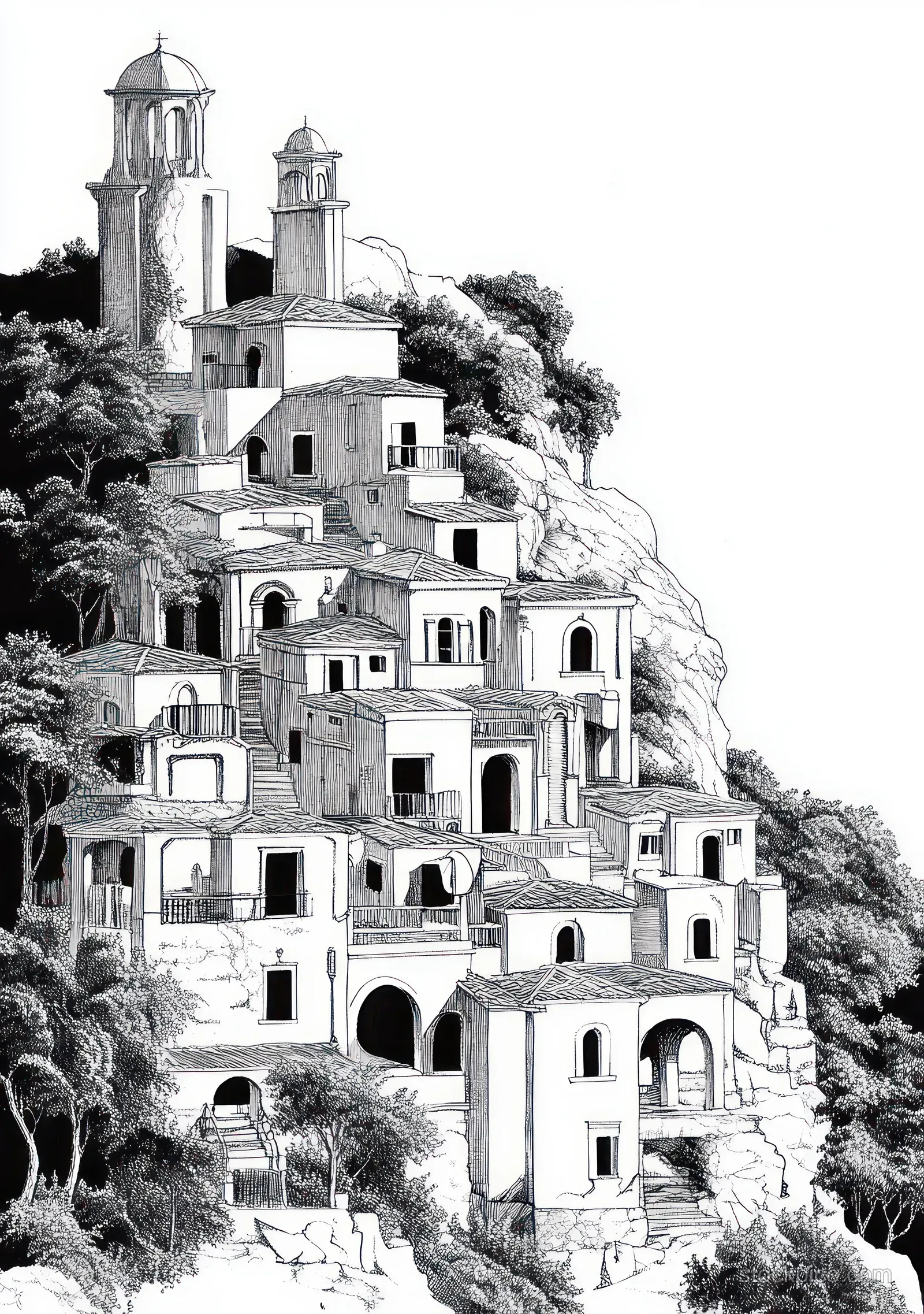 Black and white sketch of terraced village houses and towers on a rocky hillside with trees and dense foliage.