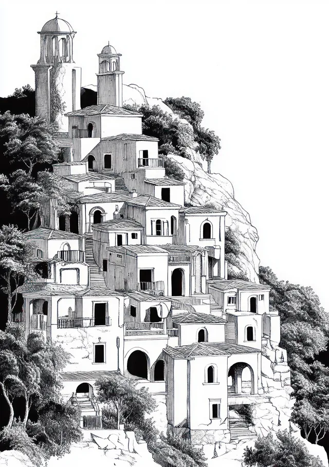 Black and white sketch of terraced village houses and towers on a rocky hillside with trees and dense foliage.