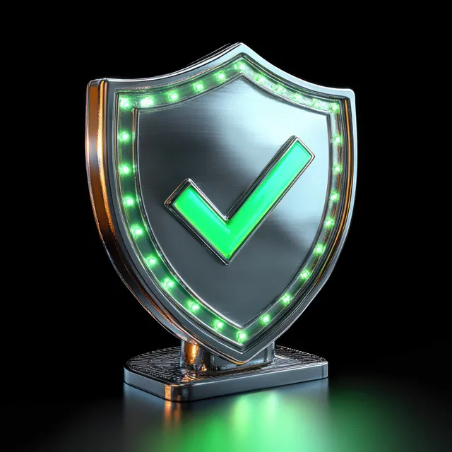 Metallic shield security icon with glowing green checkmark and lighted border on a reflective black background.